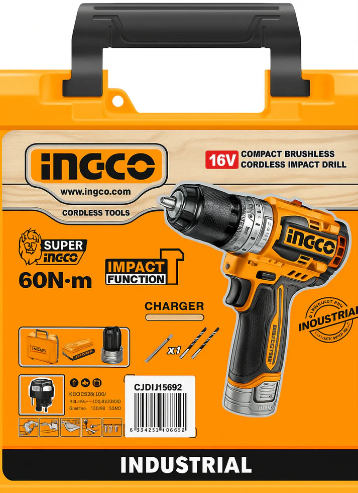 Perceuse-visseuse sans balais 16V – Couple 60Nm + 2 Batteries 2.0Ah