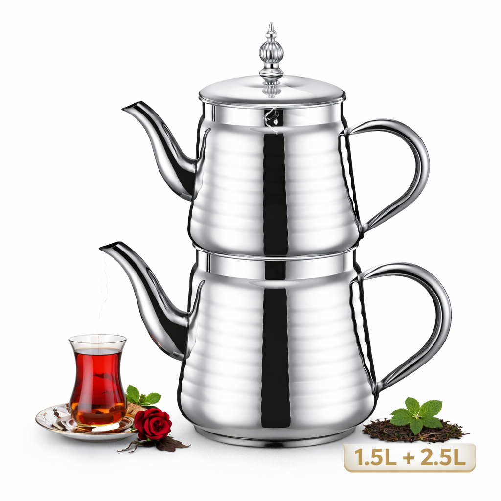 Théière Turque en Acier Inoxydable 1.5L + 2.5L – Service à Thé Double Bien Barada